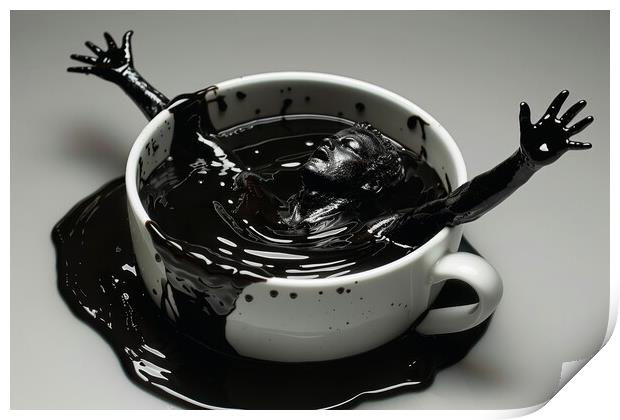 A human coming out of a cup of black coffee. Print by Michael Piepgras
