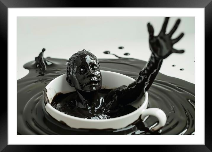 A human coming out of a cup of black coffee. Framed Mounted Print by Michael Piepgras