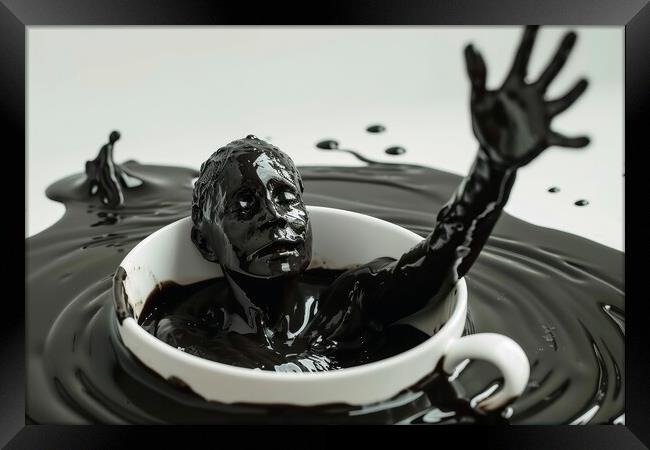 A human coming out of a cup of black coffee. Framed Print by Michael Piepgras
