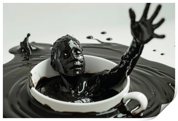 A human coming out of a cup of black coffee. Print by Michael Piepgras