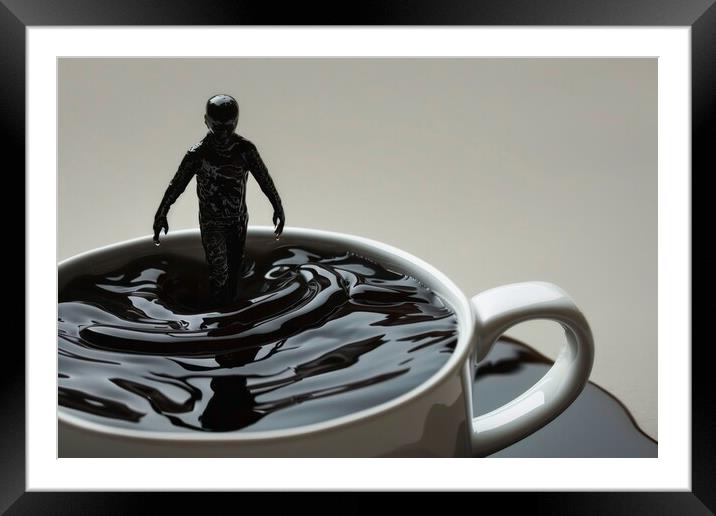 A human coming out of a cup of black coffee. Framed Mounted Print by Michael Piepgras