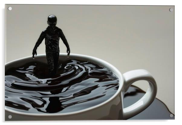 A human coming out of a cup of black coffee. Acrylic by Michael Piepgras
