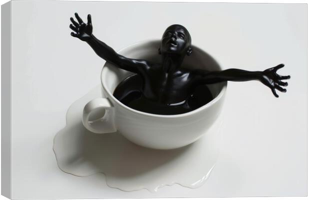 A human coming out of a cup of black coffee. Canvas Print by Michael Piepgras