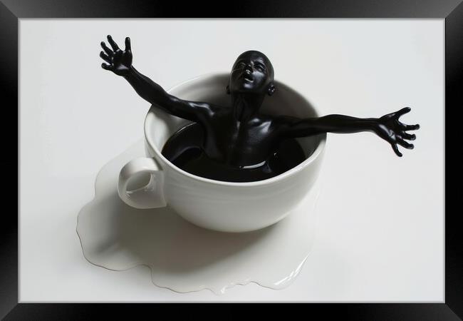 A human coming out of a cup of black coffee. Framed Print by Michael Piepgras