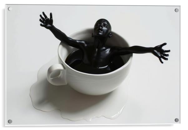 A human coming out of a cup of black coffee. Acrylic by Michael Piepgras