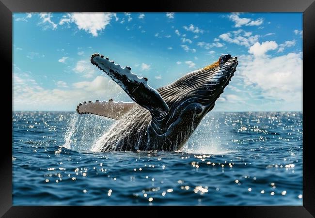 A humpback whale breaching the oceans surface with water droplet Framed Print by Michael Piepgras