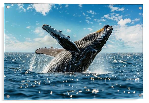 A humpback whale breaching the oceans surface with water droplet Acrylic by Michael Piepgras