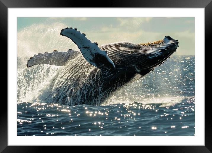 A humpback whale breaching the oceans surface with water droplet Framed Mounted Print by Michael Piepgras