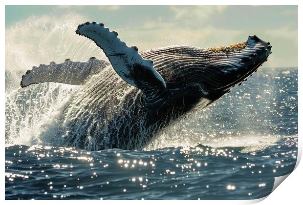 A humpback whale breaching the oceans surface with water droplet Print by Michael Piepgras