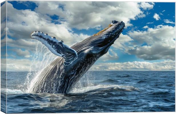 A humpback whale breaching the oceans surface with water droplet Canvas Print by Michael Piepgras
