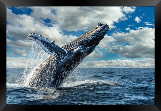 A humpback whale breaching the oceans surface with water droplet Framed Print by Michael Piepgras
