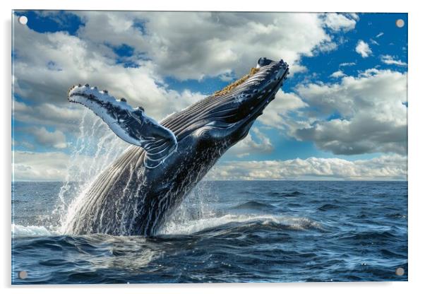 A humpback whale breaching the oceans surface with water droplet Acrylic by Michael Piepgras