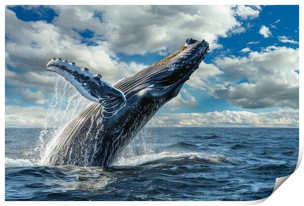 A humpback whale breaching the oceans surface with water droplet Print by Michael Piepgras