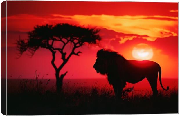 A majestic lion silhouetted against a vibrant sunrise on the Afr Canvas Print by Michael Piepgras