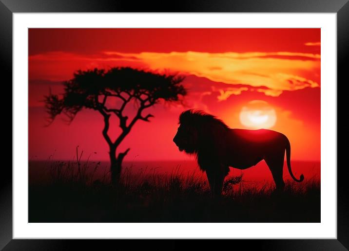 A majestic lion silhouetted against a vibrant sunrise on the Afr Framed Mounted Print by Michael Piepgras