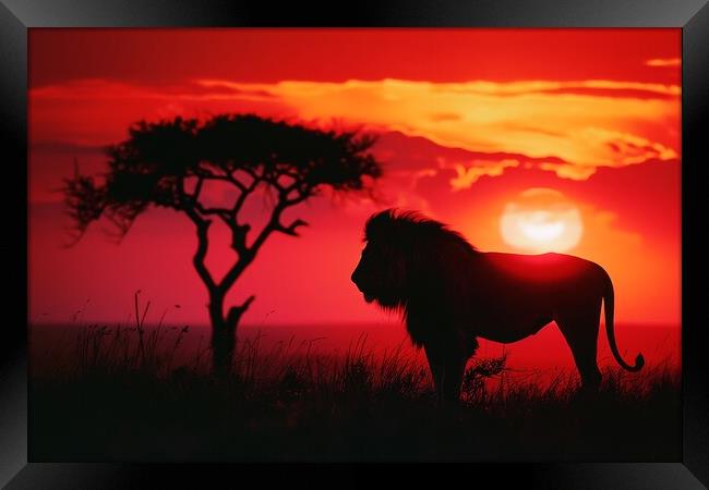 A majestic lion silhouetted against a vibrant sunrise on the Afr Framed Print by Michael Piepgras