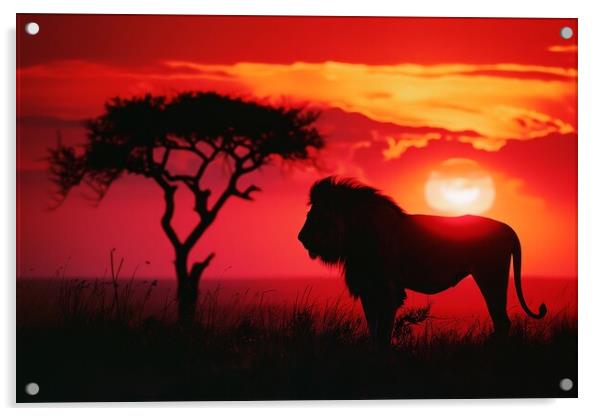 A majestic lion silhouetted against a vibrant sunrise on the Afr Acrylic by Michael Piepgras