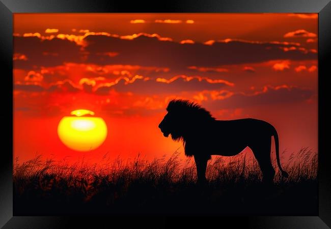 A majestic lion silhouetted against a vibrant sunrise on the Afr Framed Print by Michael Piepgras