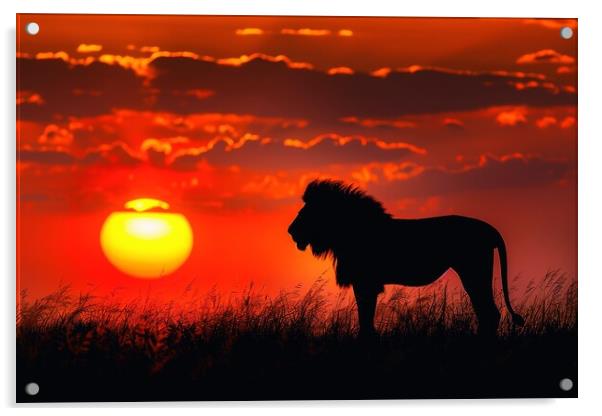 A majestic lion silhouetted against a vibrant sunrise on the Afr Acrylic by Michael Piepgras
