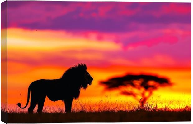 A majestic lion silhouetted against a vibrant sunrise on the Afr Canvas Print by Michael Piepgras