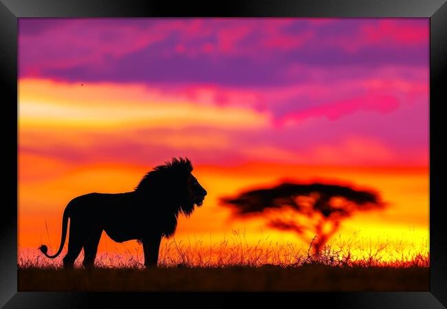 A majestic lion silhouetted against a vibrant sunrise on the Afr Framed Print by Michael Piepgras
