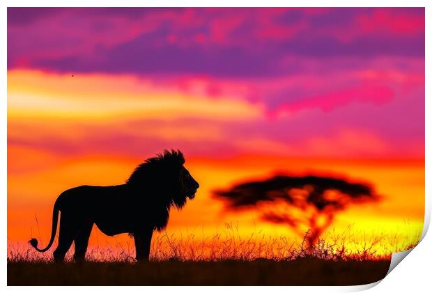 A majestic lion silhouetted against a vibrant sunrise on the Afr Print by Michael Piepgras