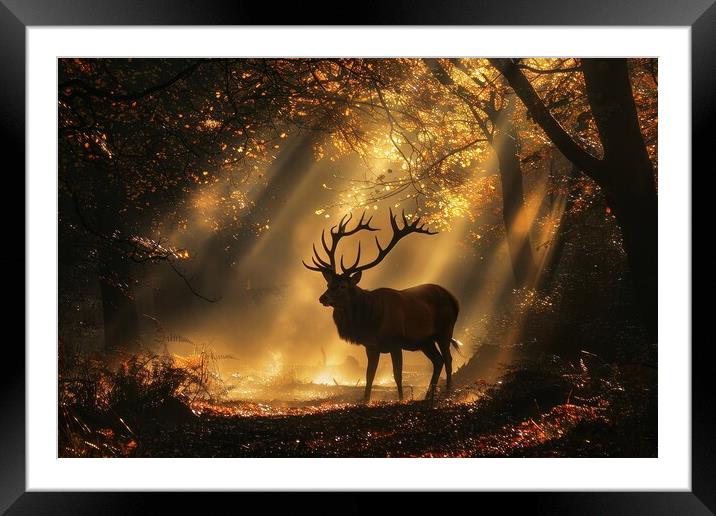 A majestic stag in a misty forest with sunbeams . Framed Mounted Print by Michael Piepgras