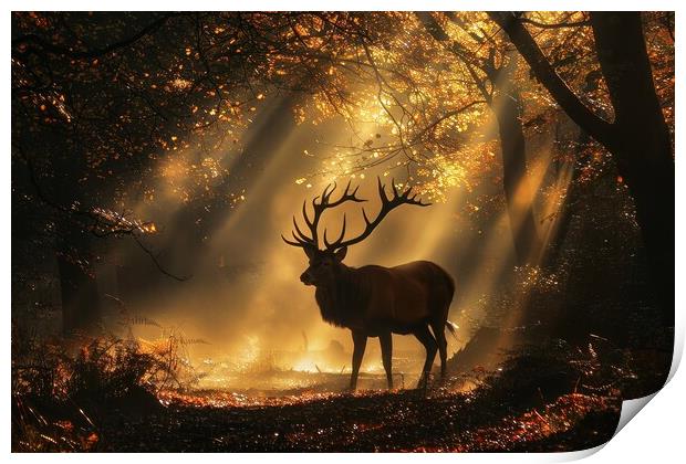 A majestic stag in a misty forest with sunbeams . Print by Michael Piepgras