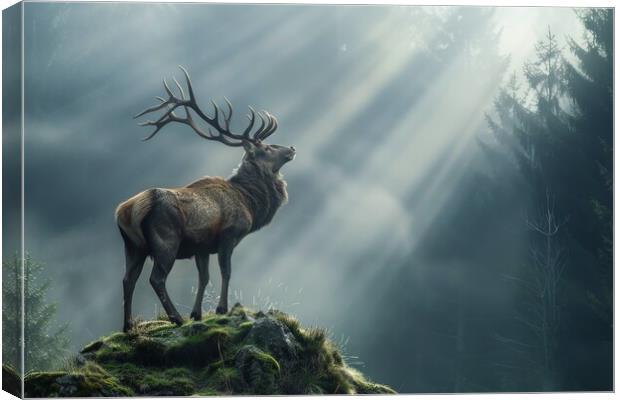 A majestic stag in a misty forest with sunbeams . Canvas Print by Michael Piepgras