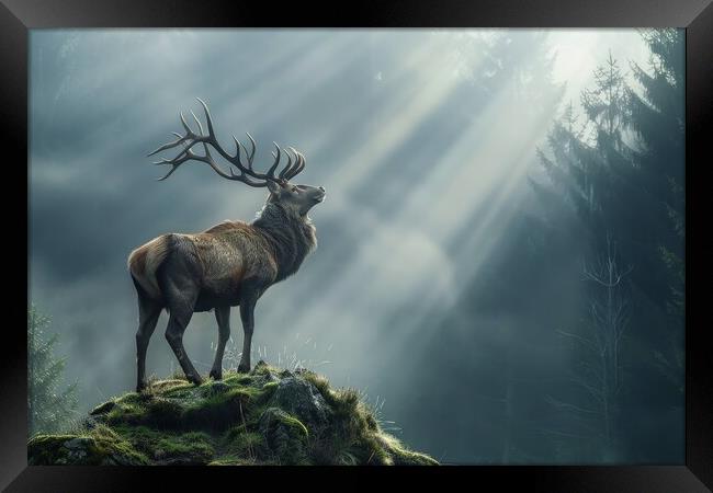 A majestic stag in a misty forest with sunbeams . Framed Print by Michael Piepgras