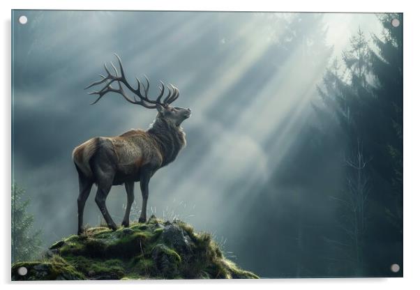 A majestic stag in a misty forest with sunbeams . Acrylic by Michael Piepgras