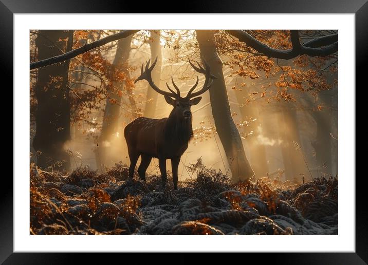 A majestic stag in a misty forest with sunbeams . Framed Mounted Print by Michael Piepgras