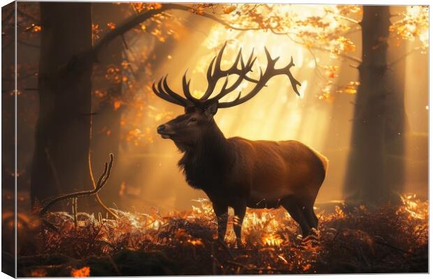 A majestic stag in a misty forest with sunbeams . Canvas Print by Michael Piepgras