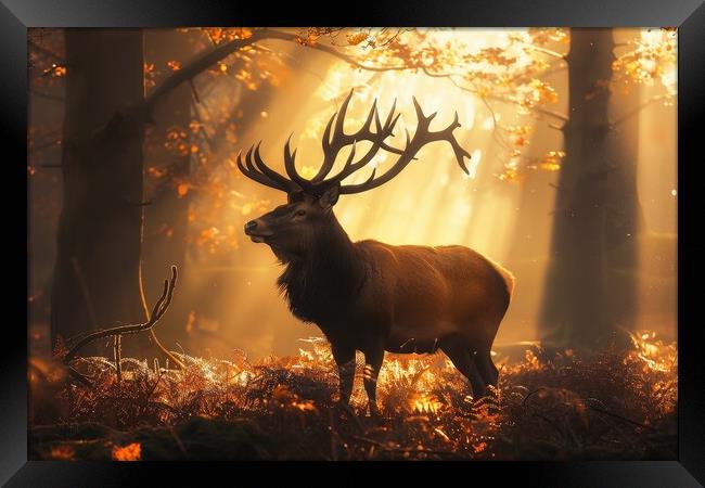 A majestic stag in a misty forest with sunbeams . Framed Print by Michael Piepgras