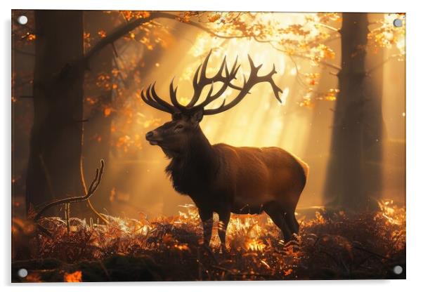 A majestic stag in a misty forest with sunbeams . Acrylic by Michael Piepgras
