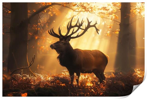 A majestic stag in a misty forest with sunbeams . Print by Michael Piepgras
