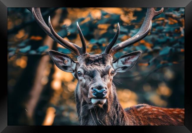A majestic stag in close up in a forest. Framed Print by Michael Piepgras