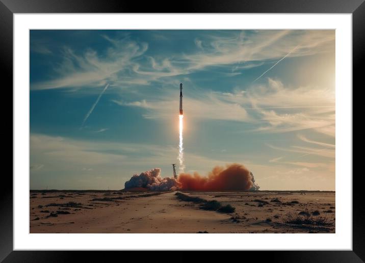 A powerful rocket launching into the sky leaving a trail of fire Framed Mounted Print by Michael Piepgras