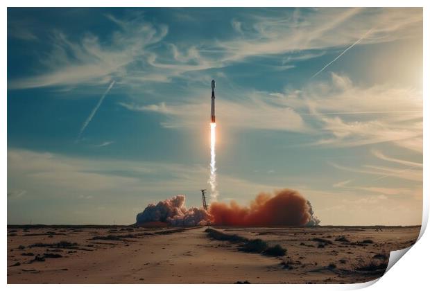 A powerful rocket launching into the sky leaving a trail of fire Print by Michael Piepgras