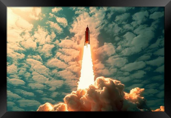 A powerful rocket launching into the sky leaving a trail of fire Framed Print by Michael Piepgras