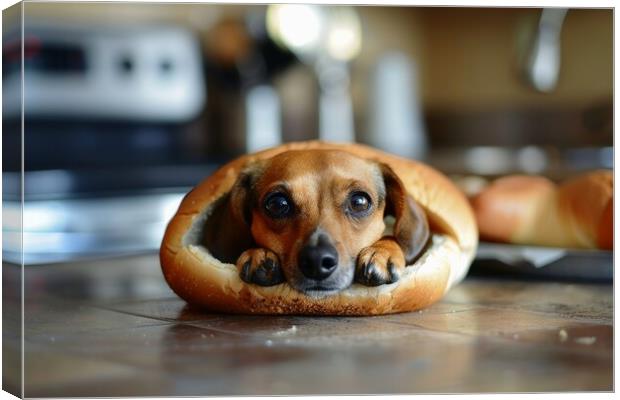 A real dog in a hot dog bun. Canvas Print by Michael Piepgras