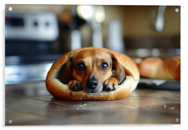 A real dog in a hot dog bun. Acrylic by Michael Piepgras