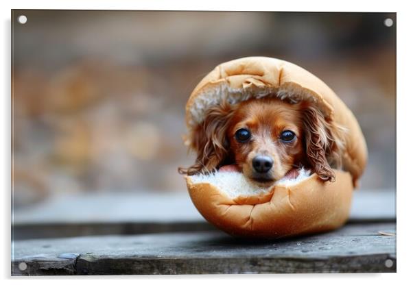 A real dog in a hot dog bun. Acrylic by Michael Piepgras