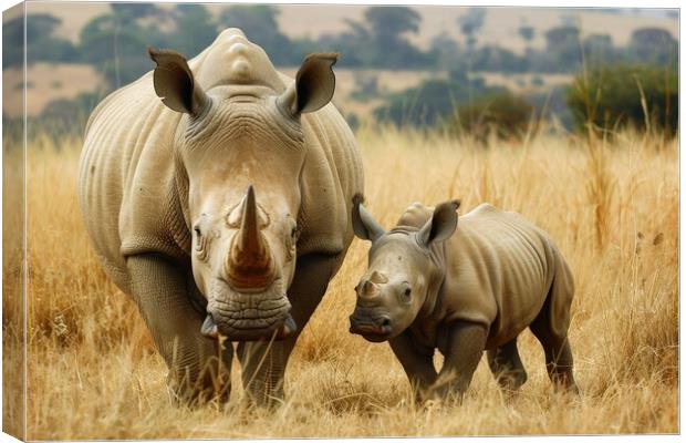 A rhinoceros baby with its mother in the savannah. Canvas Print by Michael Piepgras