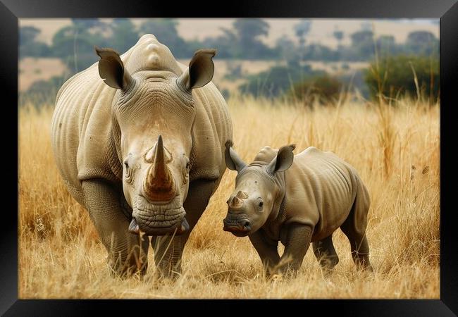 A rhinoceros baby with its mother in the savannah. Framed Print by Michael Piepgras
