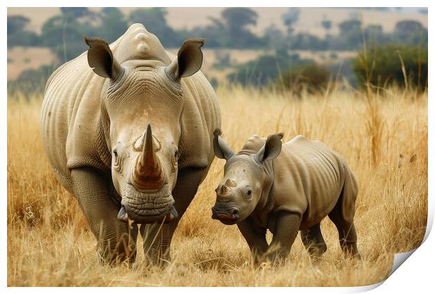 A rhinoceros baby with its mother in the savannah. Print by Michael Piepgras