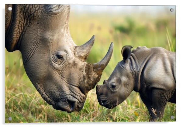 A rhinoceros baby with its mother in the savannah. Acrylic by Michael Piepgras