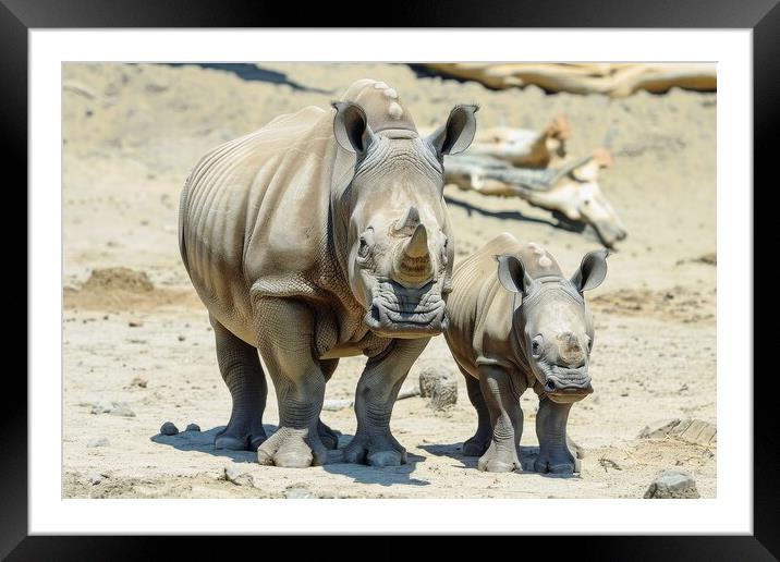 A rhinoceros baby with its mother in the savannah. Framed Mounted Print by Michael Piepgras