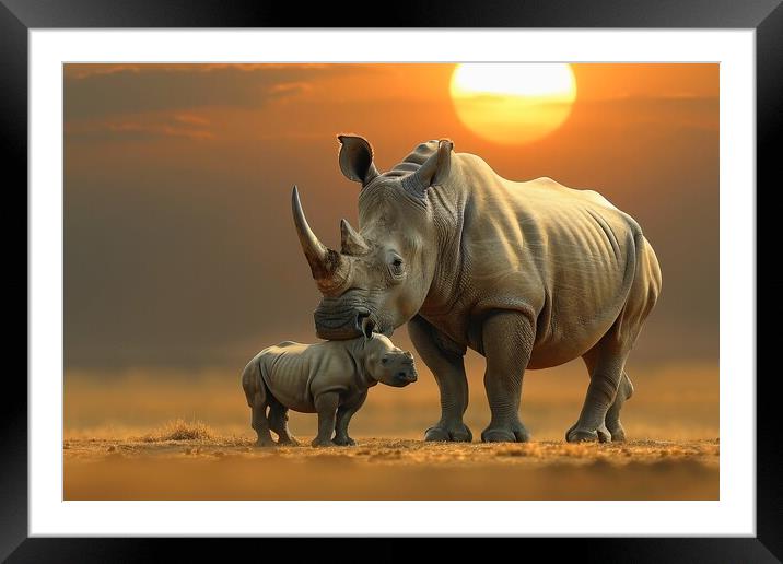 A rhinoceros baby with its mother in the savannah. Framed Mounted Print by Michael Piepgras
