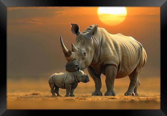 A rhinoceros baby with its mother in the savannah. Framed Print by Michael Piepgras